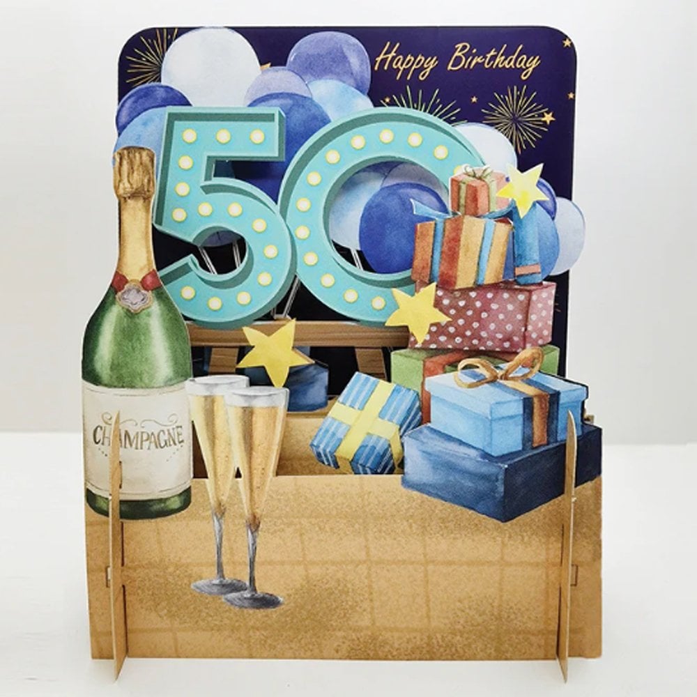 Alljoy Design 50th Birthday 3D Pop Up Card - Champagne & Presents