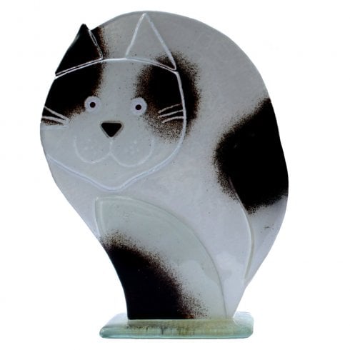 D&J Glassware Fused Glass Large Black & White Cat Ornament