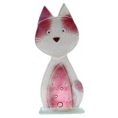 Small Pink & White Fused Glass Cat - 13