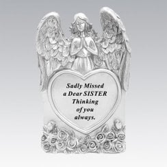 Silver Praying Angel Heart Sister Memorial Standing Plaque