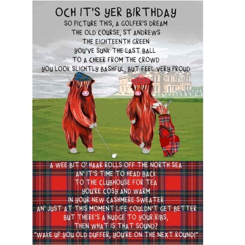 Embroidered Originals Golfing Coos Scottish Birthday Card