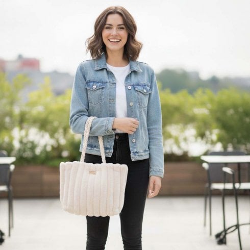 Equilibrium Cream Faux Fur Striped Handbag