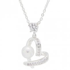 Pearl Crossover Heart Silver Plated Necklace