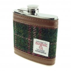 6oz Harris Tweed Hip Flask in Dark Green and Plum Check