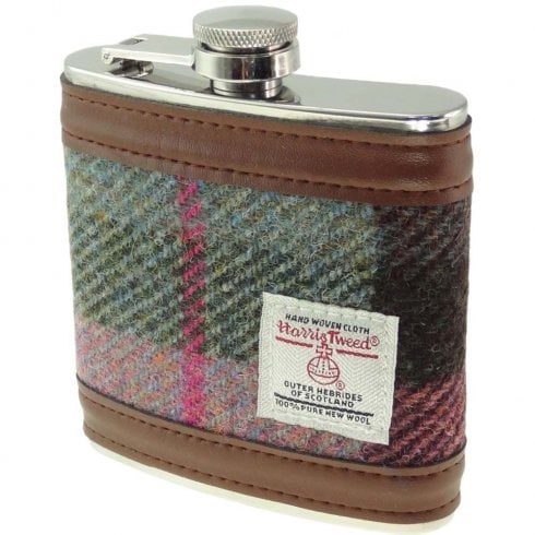 Glen Appin of Scotland 6oz Harris Tweed Hip Flask in Muted Green & Rose Pink Tartan