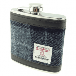 6oz Harris Tweed Hipflask - Grey Black Tartan