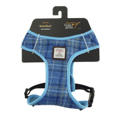 Glen Appin of Scotland Harris Tweed Dog Harness in Light Blue Check