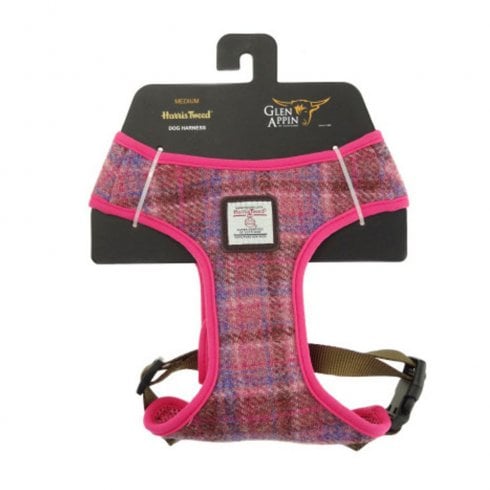 Glen Appin of Scotland Harris Tweed Dog Harness in Pink Check