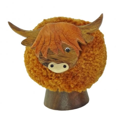 Glen Appin of Scotland Large Wooden Highland Cow Pom Pom Figurine