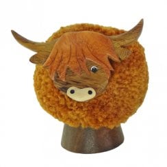 Large Wooden Highland Cow Pom Pom Figurine