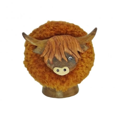 Glen Appin of Scotland Medium Wooden Highland Cow Pom Pom Figurine