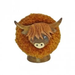 Medium Wooden Highland Cow Pom Pom Figurine