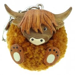 Wooden Highland Cow Pom-Pom Keyring
