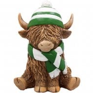 Happy Highland Cow Ornament Green & White Scarf