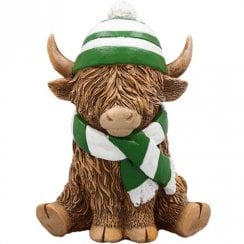 Happy Highland Cow Ornament Green & White Scarf