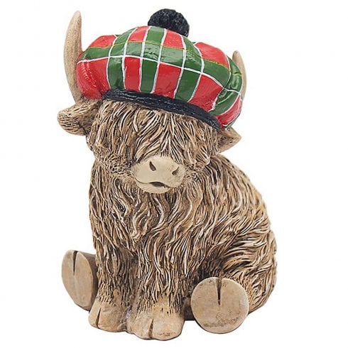 Lesser & Pavey Happy Highland Cow Ornament Wearing a Tartan Tammy