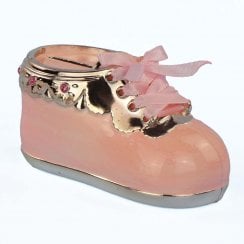 Pink Enamelled Baby Bootie Money Bank