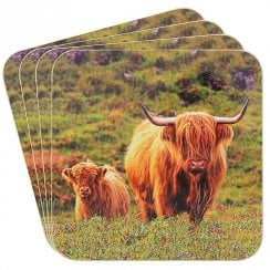 Set of 4 Highland Cow & Calf Coasters