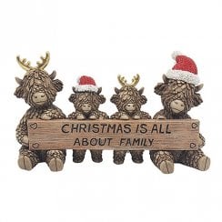 Xmas Highland Cow Family with Sign Figurine