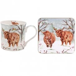 Xmas Highland Cow Mug & Coaster Set