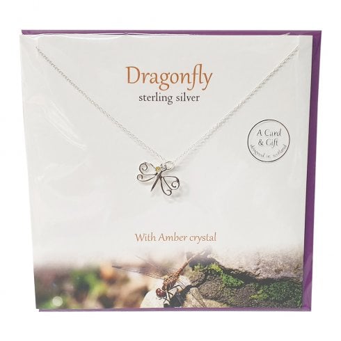 The Silver Studio Sterling Silver Pendant with Card - Dragonfly With Amber Crystal