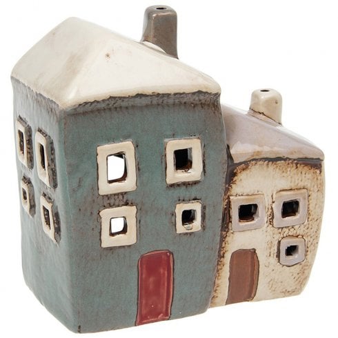 Village Pottery 2 House Tealight Holder - Grey/Cream