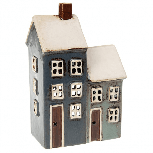 Village Pottery 2 House Tealight Holder - Grey/Navy 