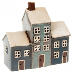Village Pottery 3 House Tealight Holder - Grey/Navy
