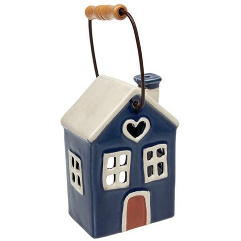 Village Pottery Blue Heart House Lantern Tealight Holder