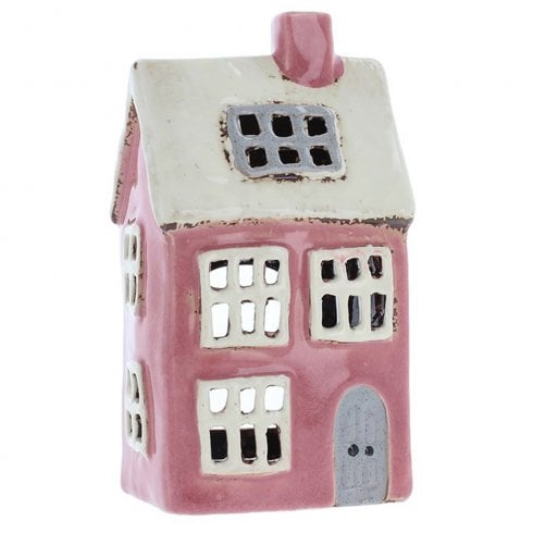 Village Pottery House Tealight Holder - Bright Pink/White