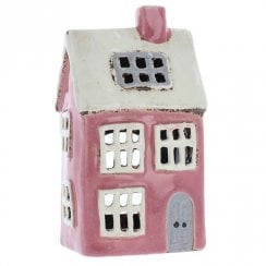 Village Pottery House Tealight Holder - Bright Pink/White