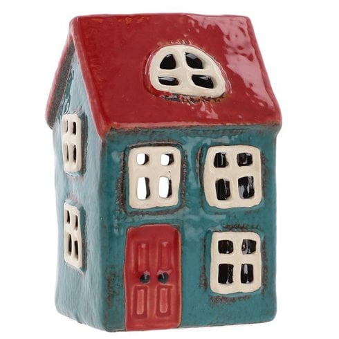 Village Pottery Small House Tealight Holder - Teal/Red