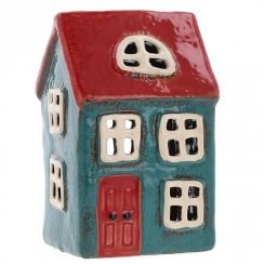 Village Pottery Small House Tealight Holder - Teal/Red