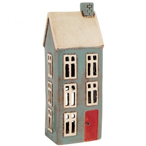 Village Pottery Tealight Holder - Tall Blue House