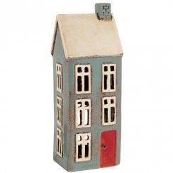 Village Pottery Tealight Holder - Tall Blue House