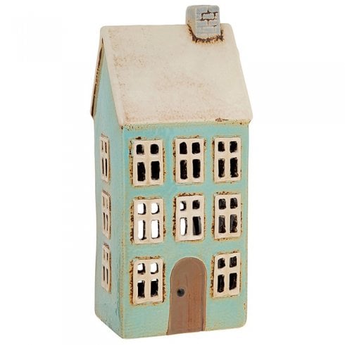 Village Pottery Tealight Holder - Tall Pale Blue House